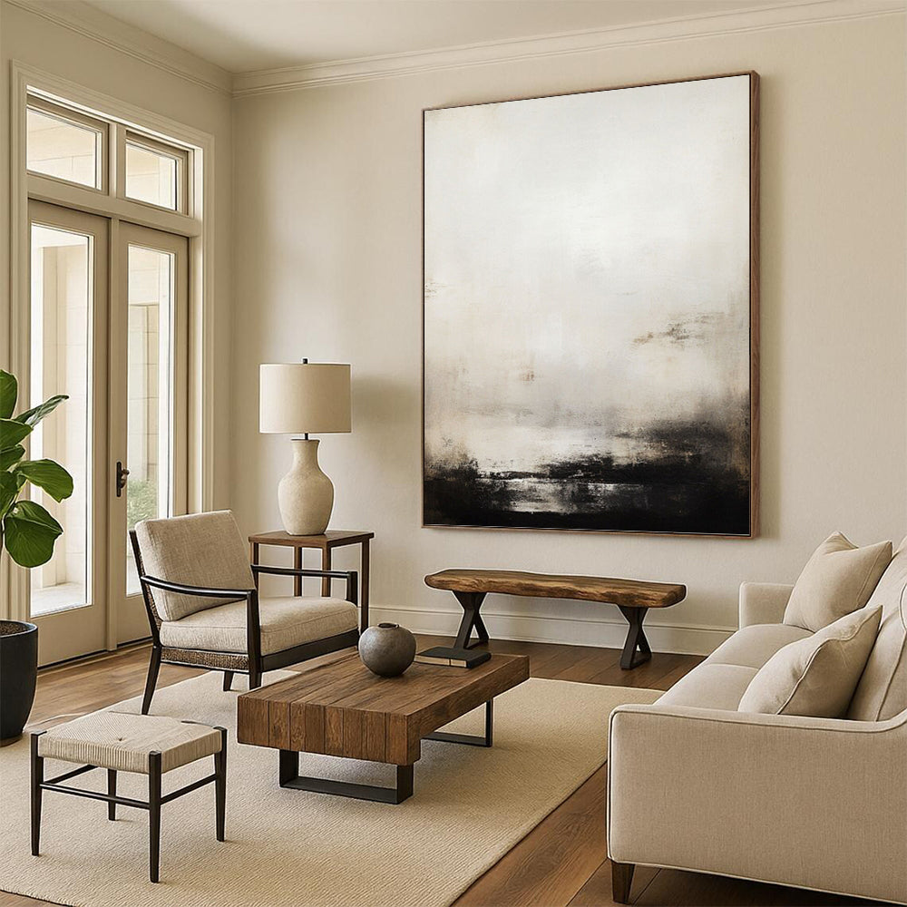 “Monochrome Misty Abstract” - Abstract, Black - and - White Painting On Canvas PT1498