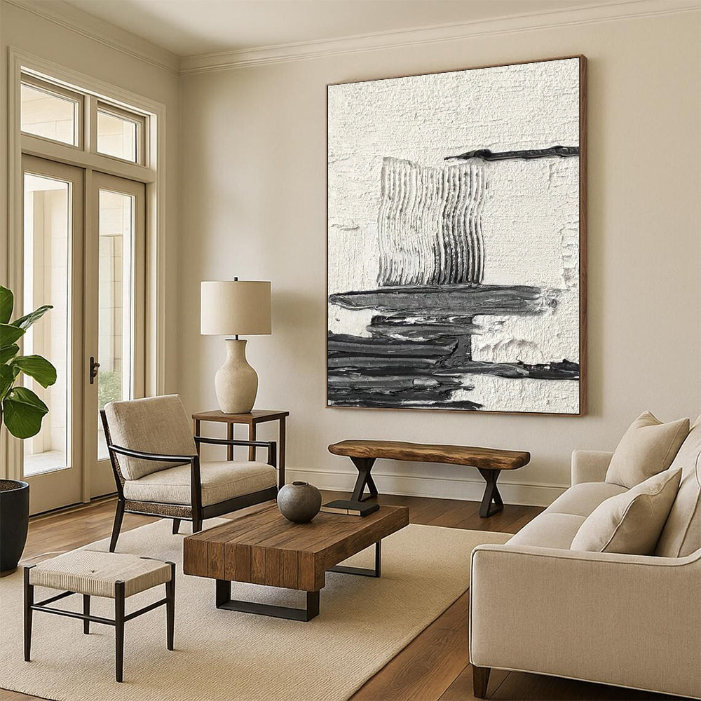 “Textured Black and White Abstract Composition” - Layered Abstract Painting On Canvas DS388