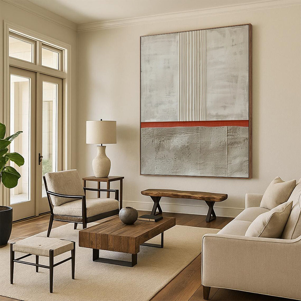 “Gray - Red Textured Minimalism” - Mixed - Media Abstract Painting On Canvas DS026