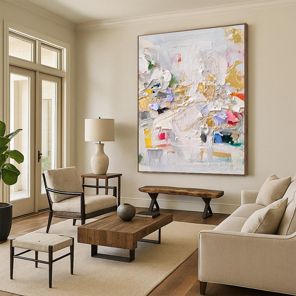 “Colorful Textured Collage” - Multicolor, Gold Abstract Impasto Painting On Canvas PS0723