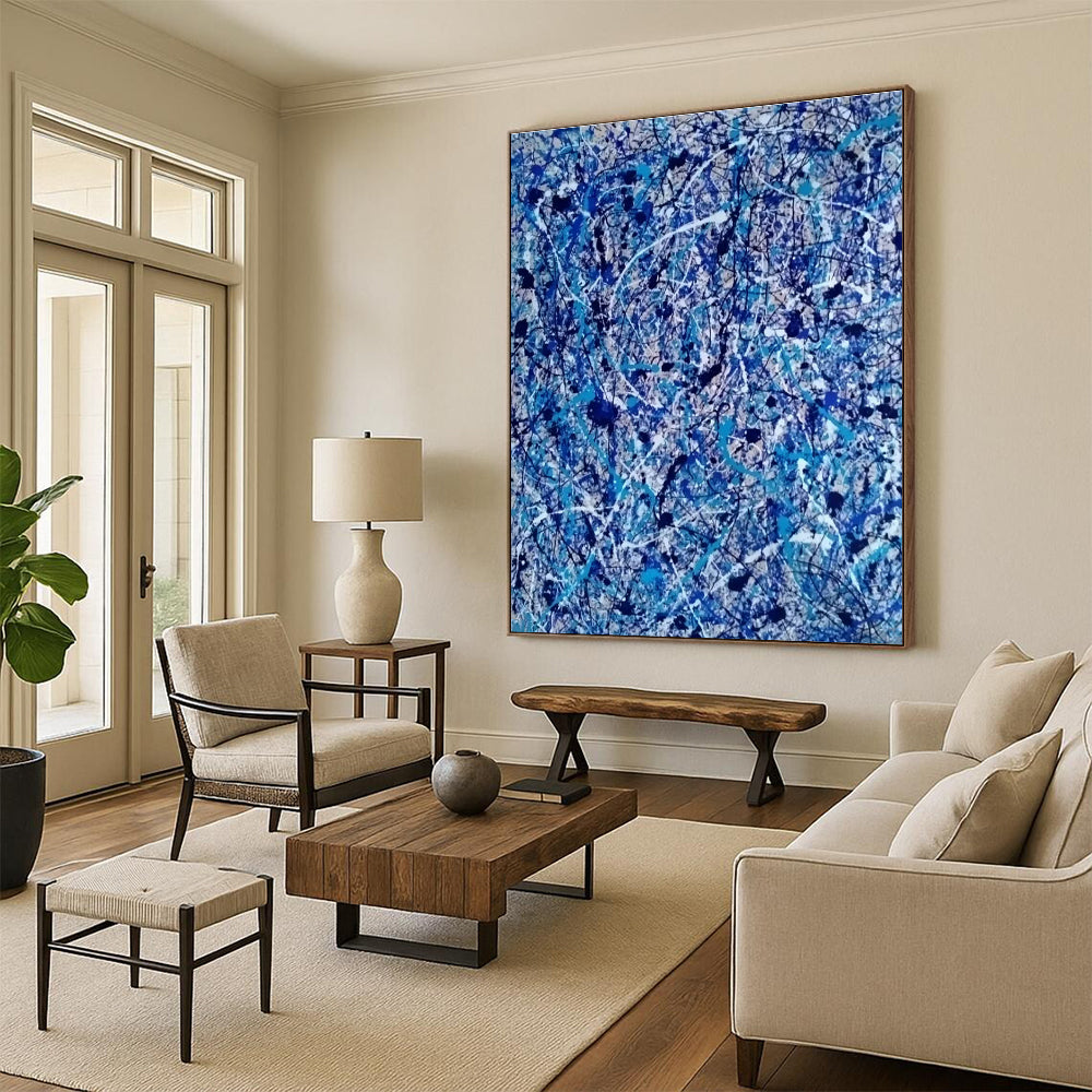 Blue and White Splatters, "Oceanic Chaos" – Action - Painting Abstract On Canvas PS0886