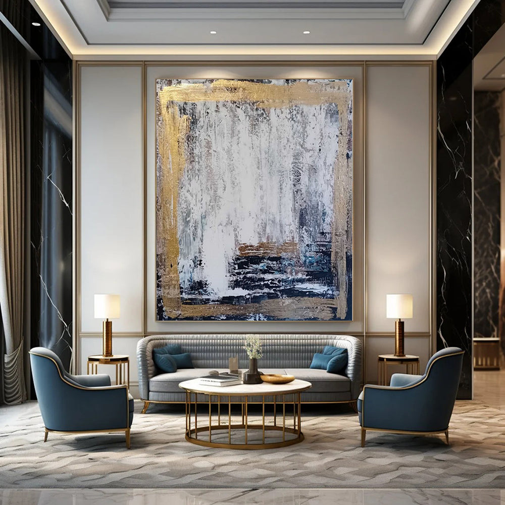 White, Gray, Gold with Textured Background "Gilded Frame" Abstract Painting On Canvas PS1198