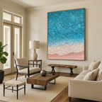 “Turquoise - Beige Seaside Aerial” - Turquoise, Beige, White Abstract Aerial Seaside Painting On Canvas PS0563