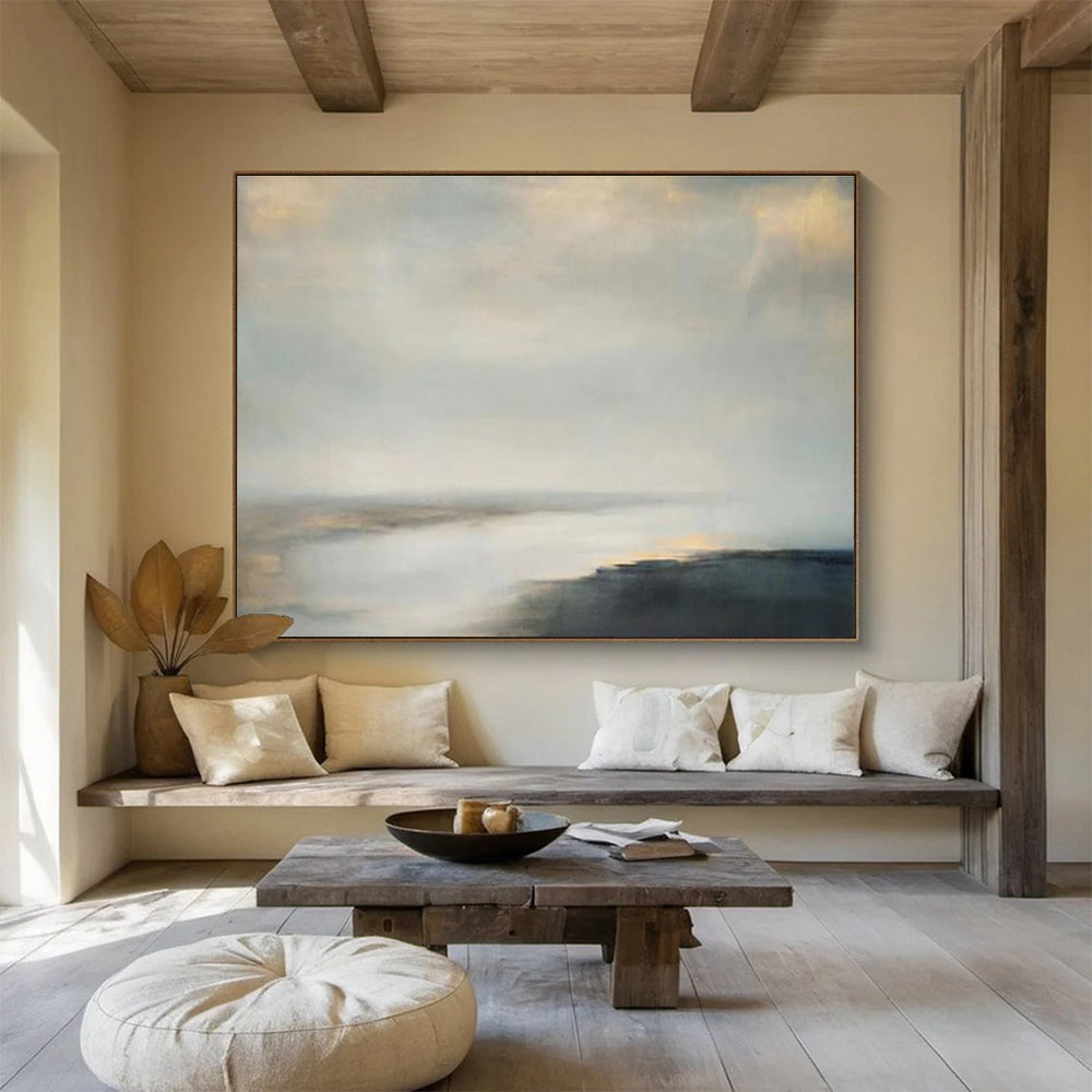 Soft Grey and Beige Sky Over Calm Sea Seascape Painting On Canvas DKS108