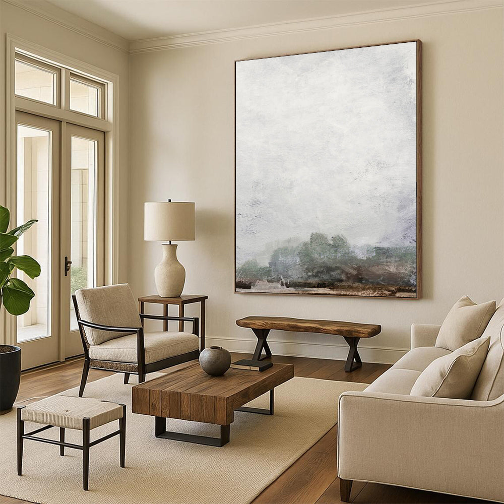 “Hazy Gray Tree Line” - Light Gray Sky with Faint Green Trees Painting On Canvas DS222