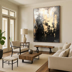 “Gilded Grayscale Drip” - Black, Gray, Gold Abstract Textured Painting On Canvas PS0622