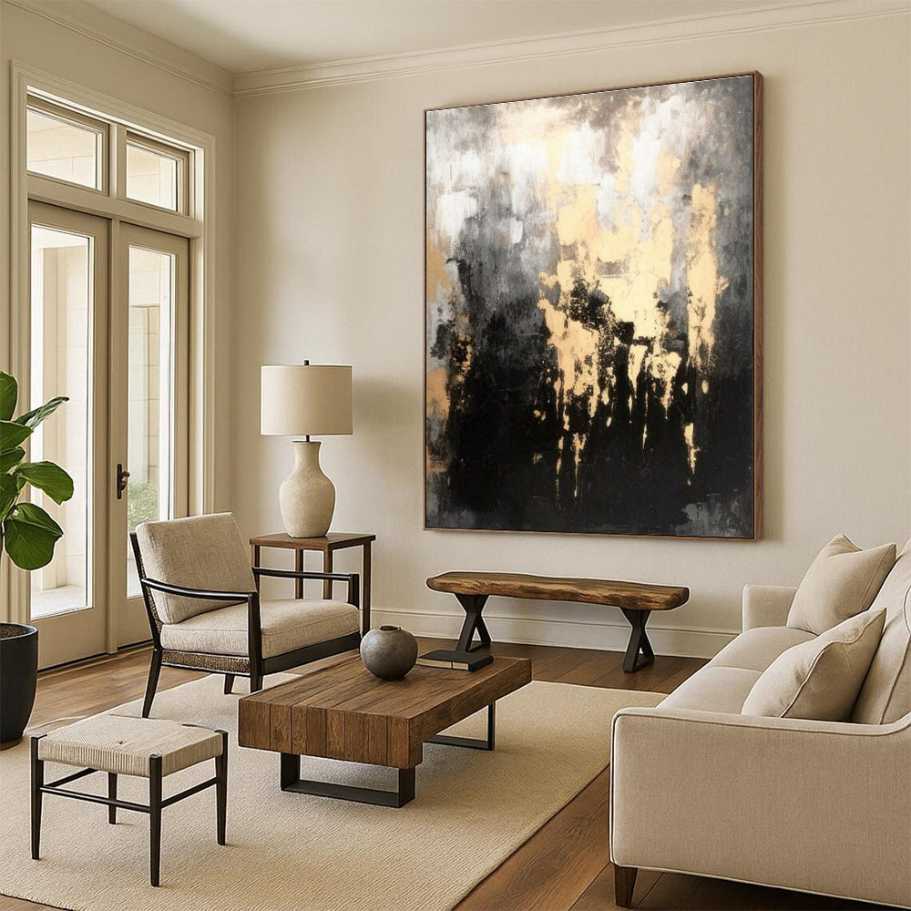 “Gilded Grayscale Drip” - Black, Gray, Gold Abstract Textured Painting On Canvas PS0622