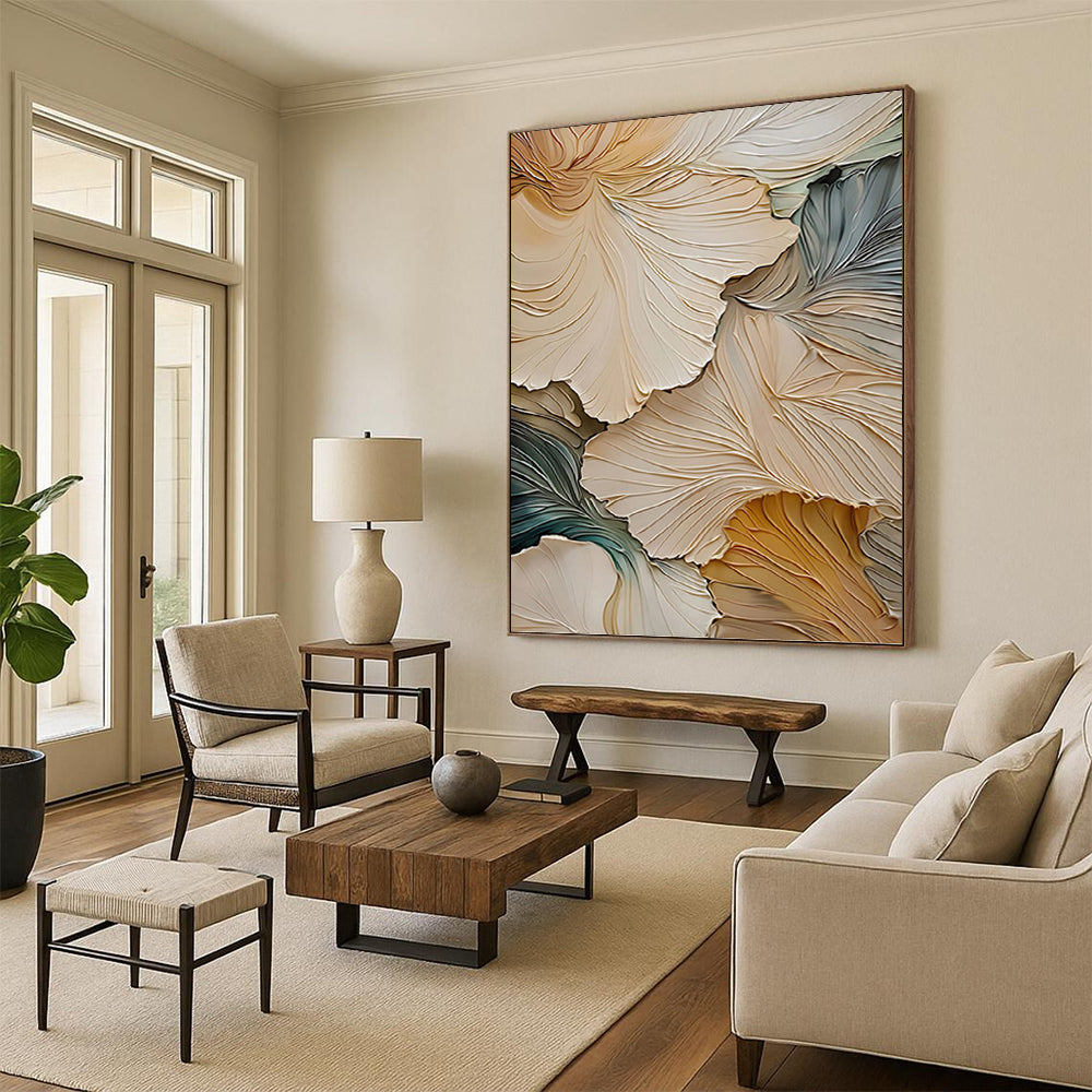 “Beige - Gray - Green Floral Relief” - 3D - Inspired Floral Painting On Canvas PT1385