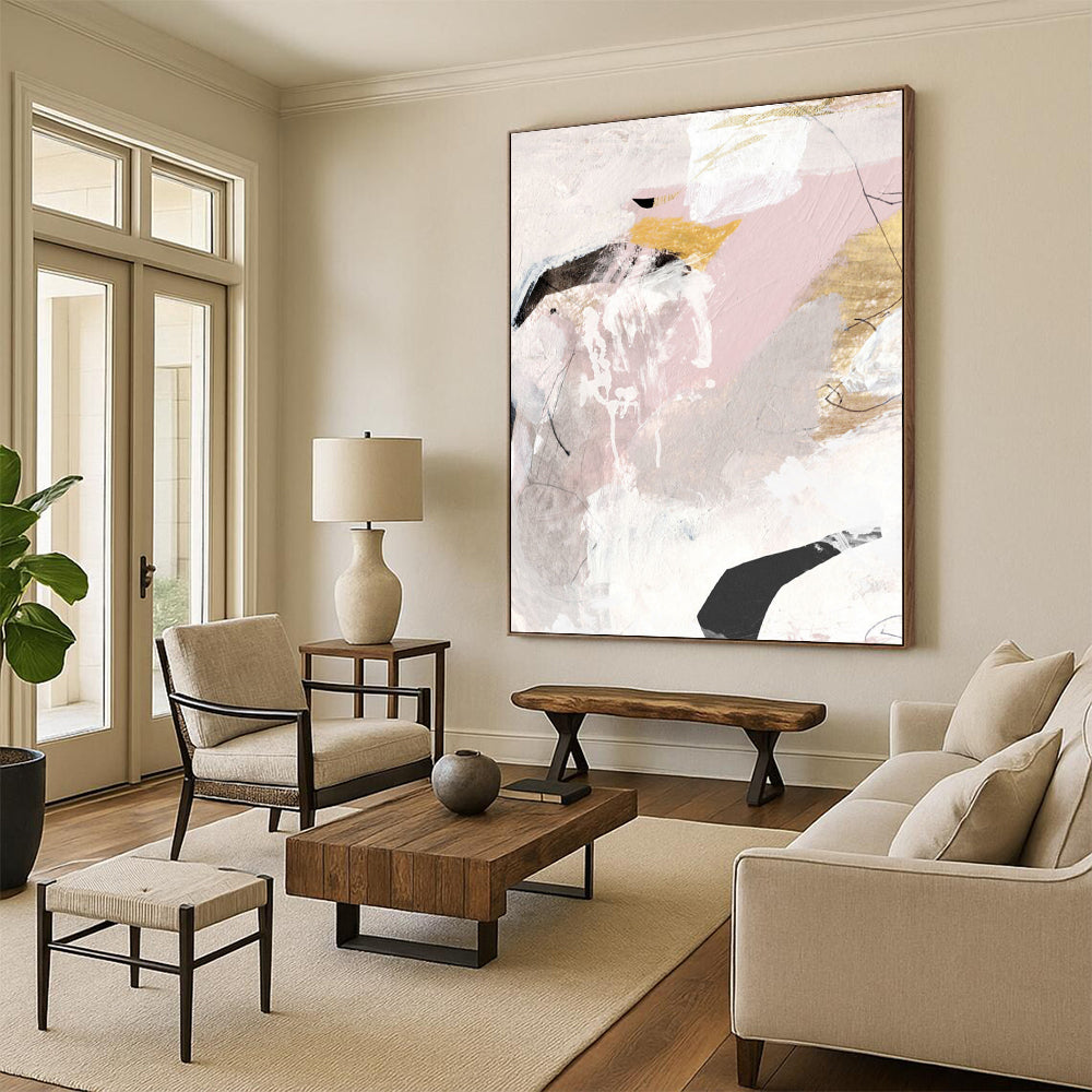 “Blush & Gold Abstract” - Soft Pinks, Grays & Gold Accents Painting On Canvas DS188