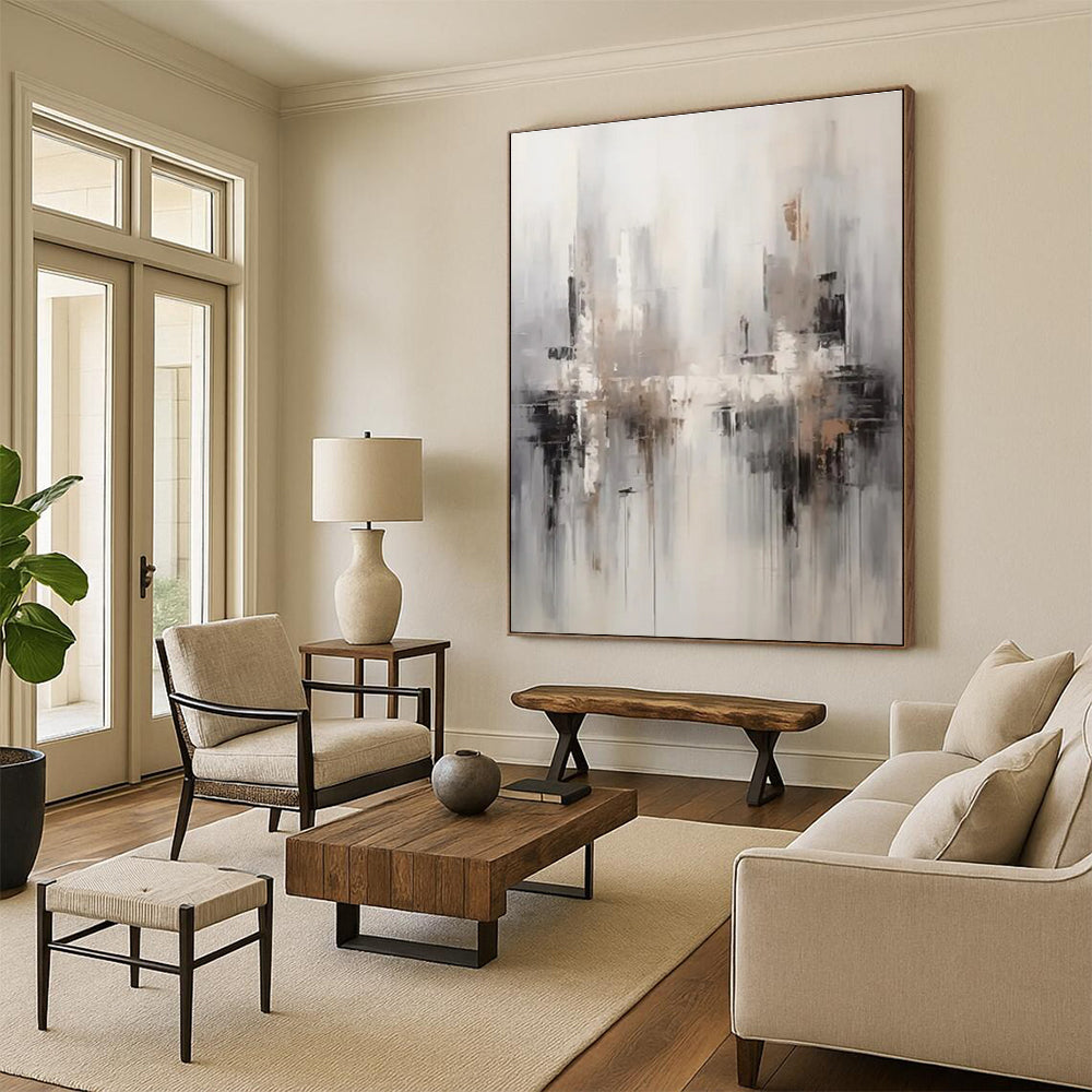 Grey & Beige Abstract Cityscape Painting On Canvas PS0830