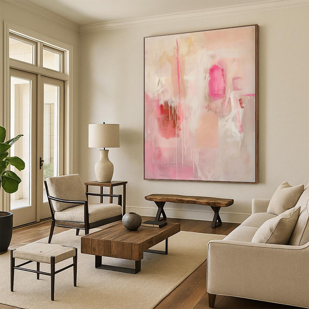 “Pink - Beige Abstract Drips” - Pink, Beige Abstract Expressionist Painting On Canvas PS0440