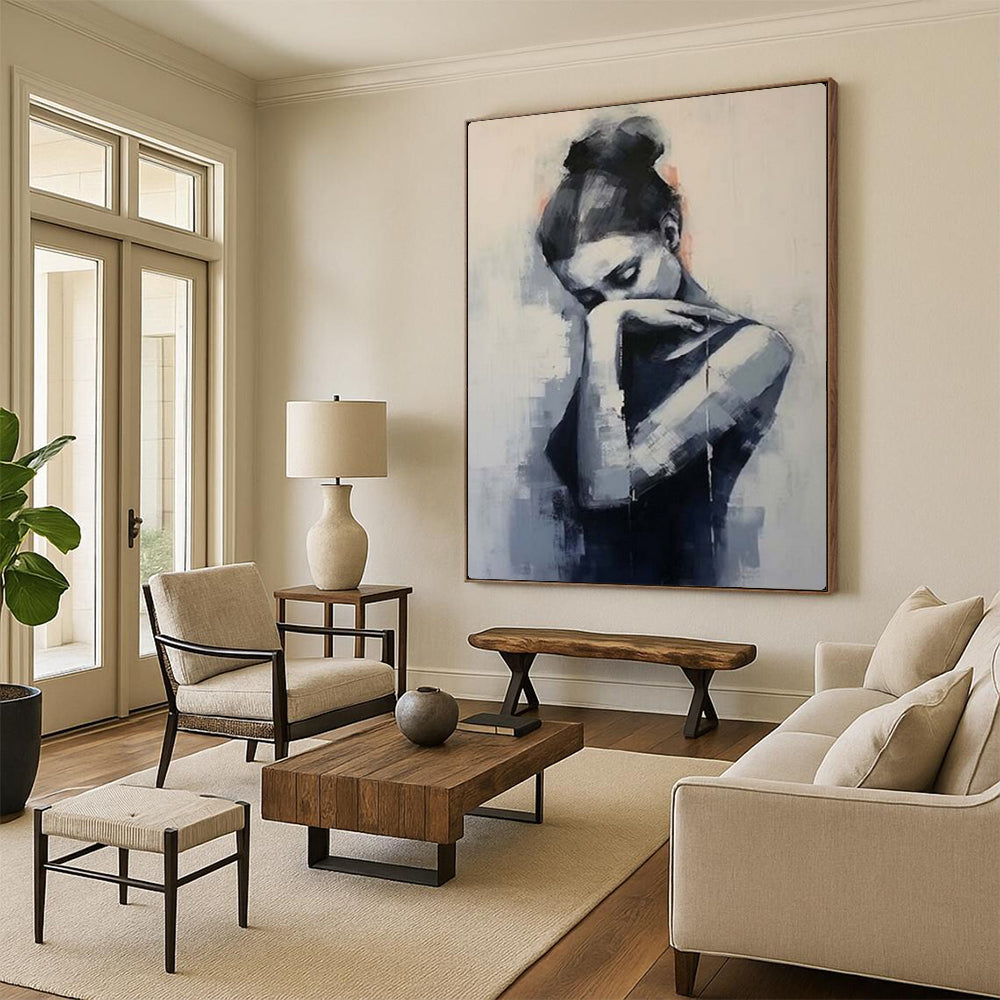 Monochrome Contemplative Figure, Minimalist Expression, Painting On Canvas PT2140