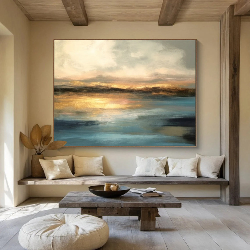 Golden Horizon on Blue - Serene Landscape Painting On Canvas DKS340