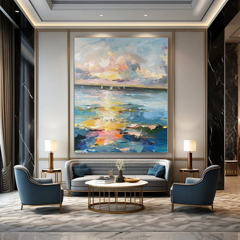 Blue, Yellow, Pink, Purple with Impasto Seascape "Sunset Sail" Impasto Painting On Canvas PS1389