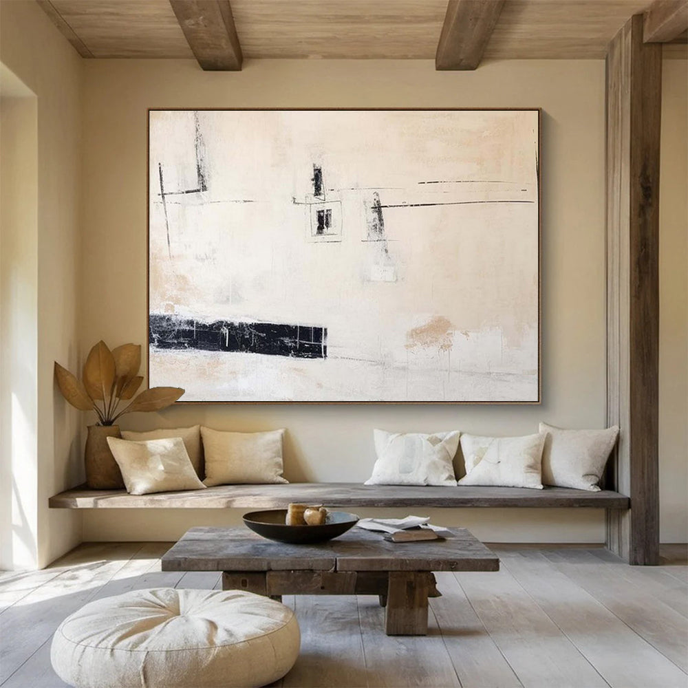 Beige and Black Minimalist Abstract Abstract Painting On Canvas DKS096