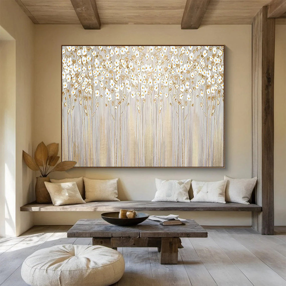 “Golden Floral Forest” - Gray, Gold & White Floral, Impressionistic Oil Painting On Canvas DKS787