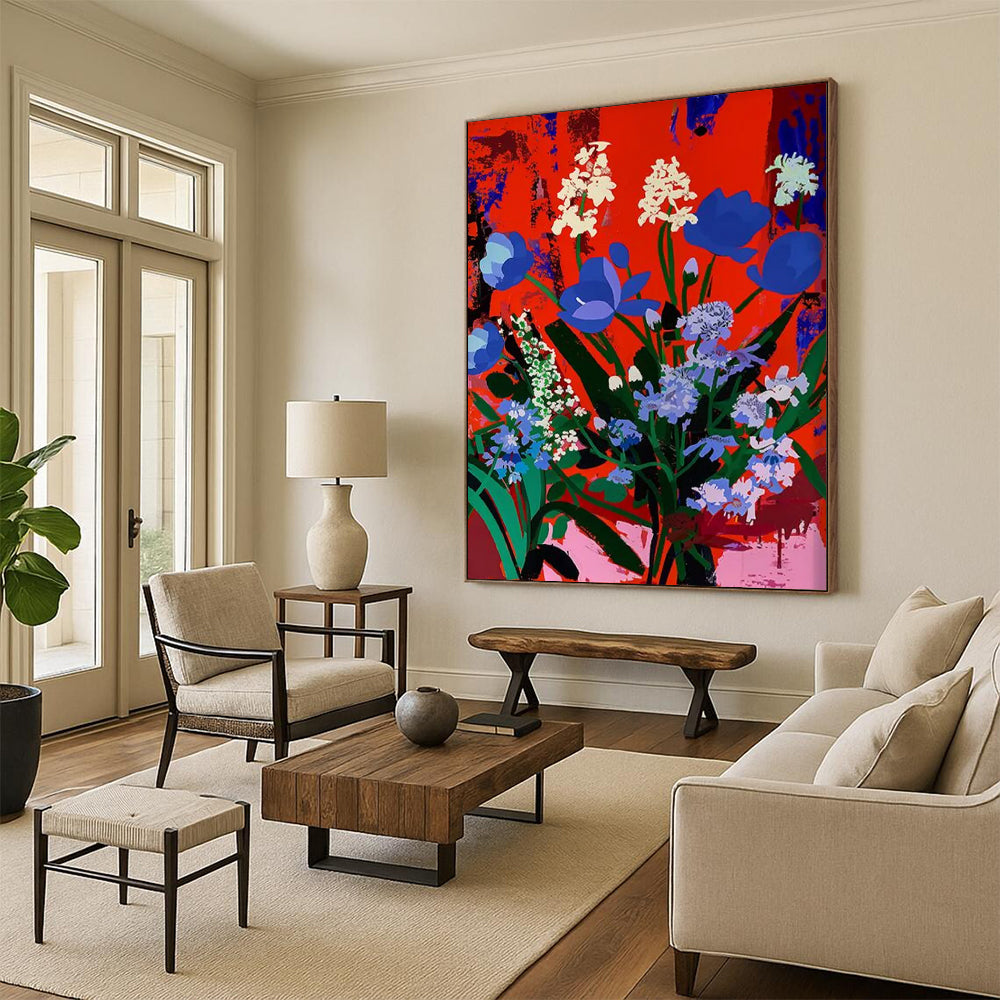 Vibrant Blooms: Blue Flowers on Red Painting On Canvas DS101