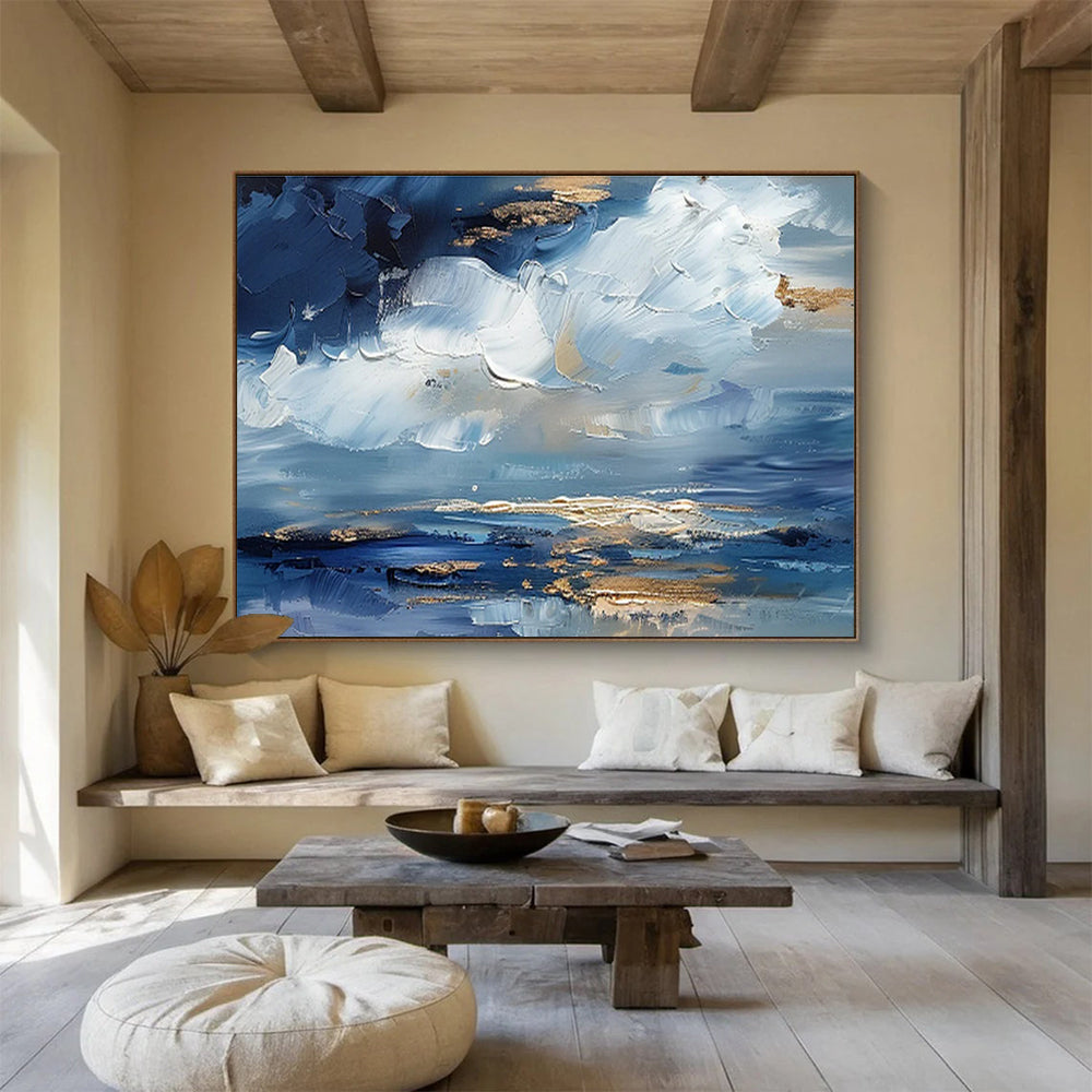 “Azure Sky & Gold Reflections” - Blue, White & Gold Abstract Landscape, Textured Sky Oil Painting On Canvas DKS684