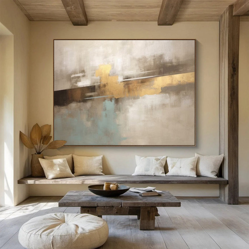 “Gold Strokes & Neutral Blends” - Abstract Color Field - Painting On Canvas PT1714