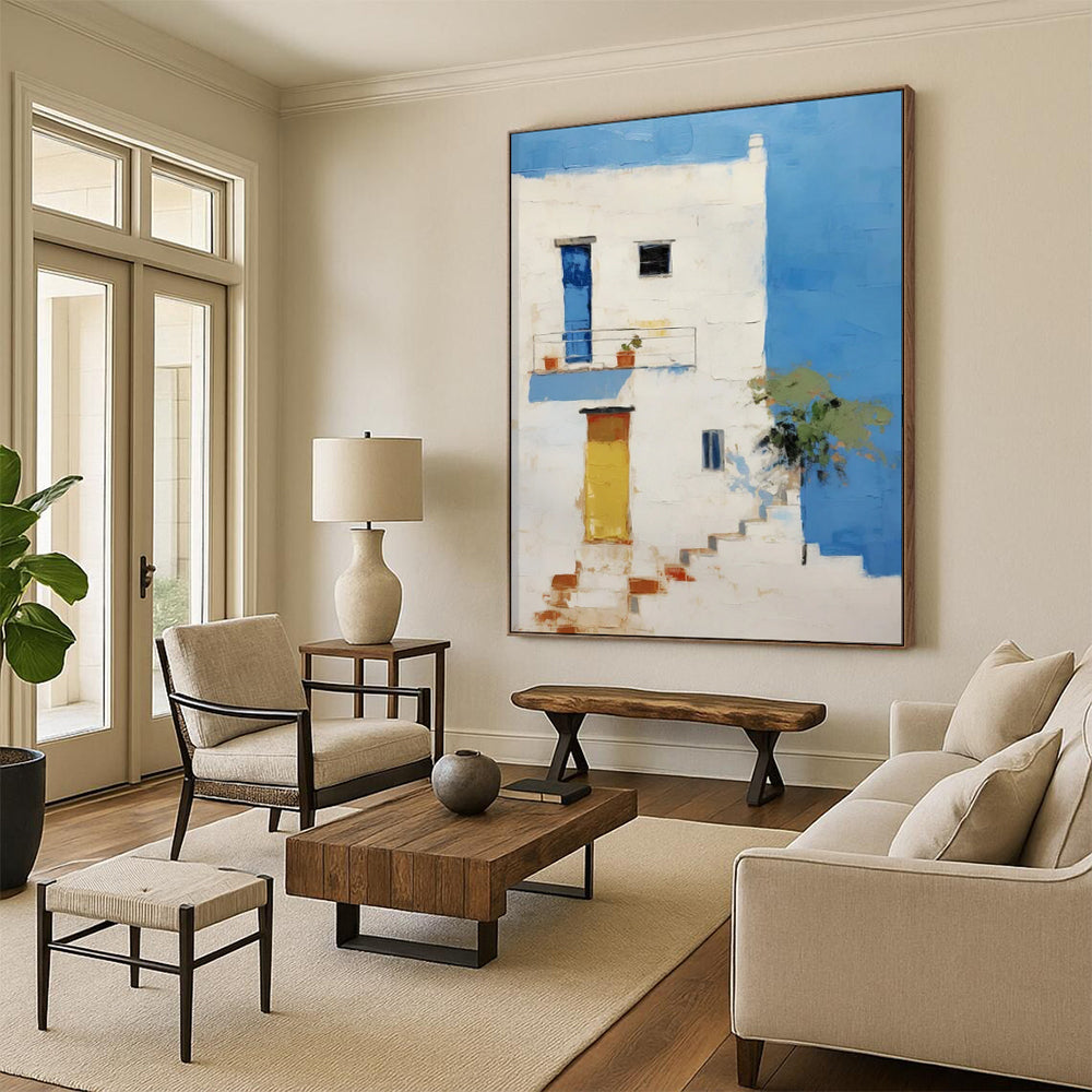 “White Building with Blue and Yellow Accents” - Impressionist Architecture Painting On Canvas PT1837