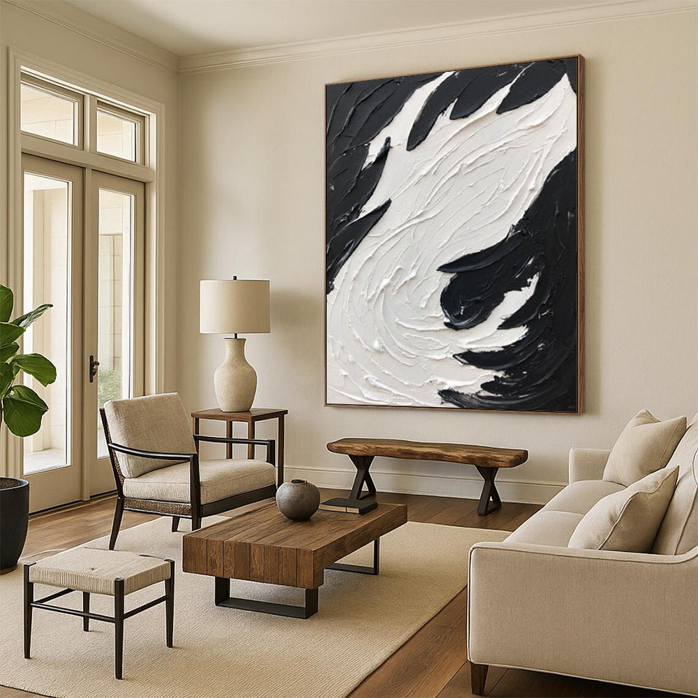 “Swirling Textures: Black and White Abstract” - Energetic Abstract Painting On Canvas DS398