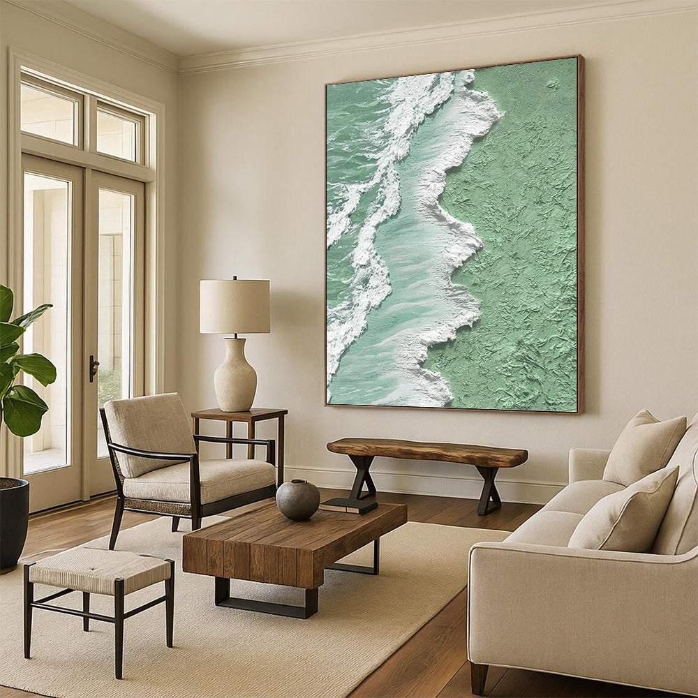 “Pastel Green and White Coastal Textures” - Seascape, Pastel - Toned Painting On Canvas PT1505