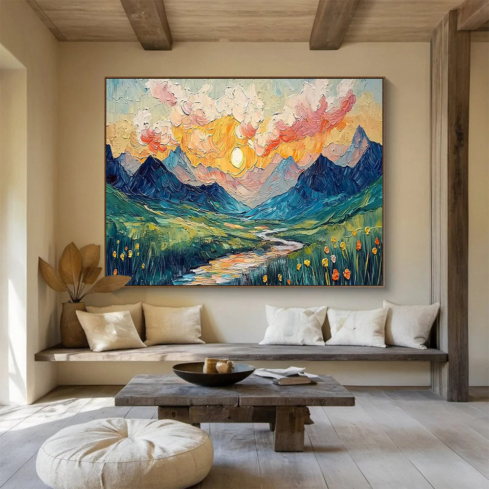 “Impasto Mountain Sunset” - Impasto Oil Painting On Canvas DKS856