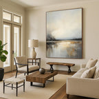 Gray - White - Gold Abstract Water Scene, Similar to the Style of J.M.W. Turner's Atmospheric Landscapes, Painting On Canvas PT2091