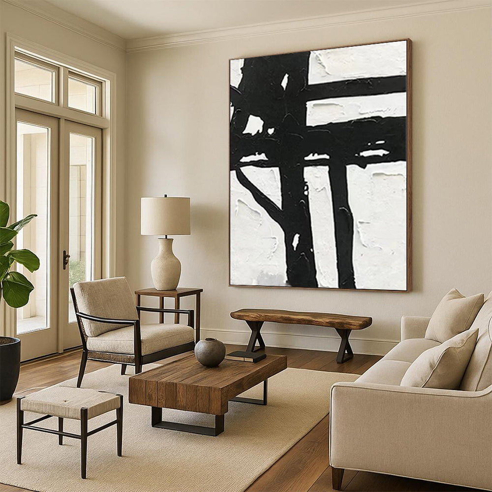 “Textured Black - White Abstract Cross” - Tactile Abstract Painting On Canvas PS0279