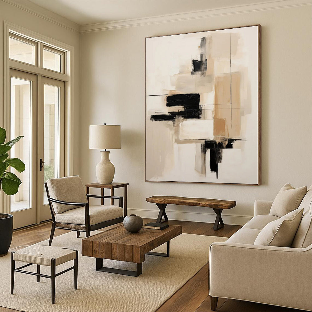 “Black - Beige Minimalist Abstraction” - Black, Beige Abstract Painting On Canvas PS0530