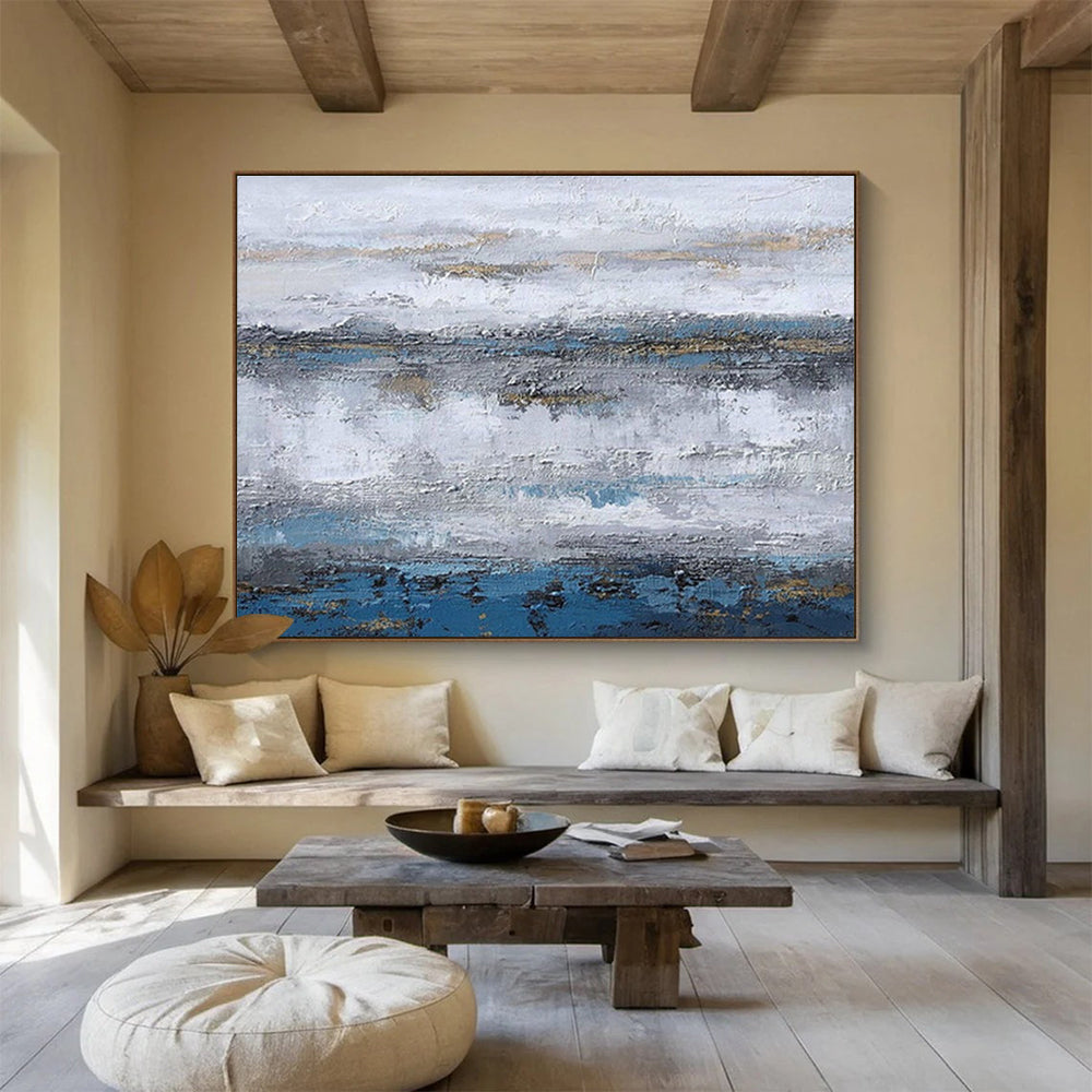 “Blue and Gold Abstract Horizon” - Abstract Horizon Painting, Fits Living Room & Office Lobby DKS609