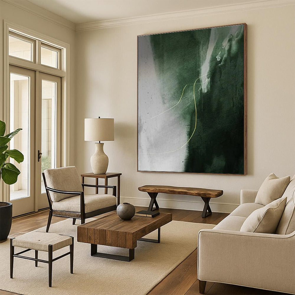 “Green - Yellow Abstract Line” - Green, Gray, Yellow Abstract Minimalist Painting On Canvas PS0649