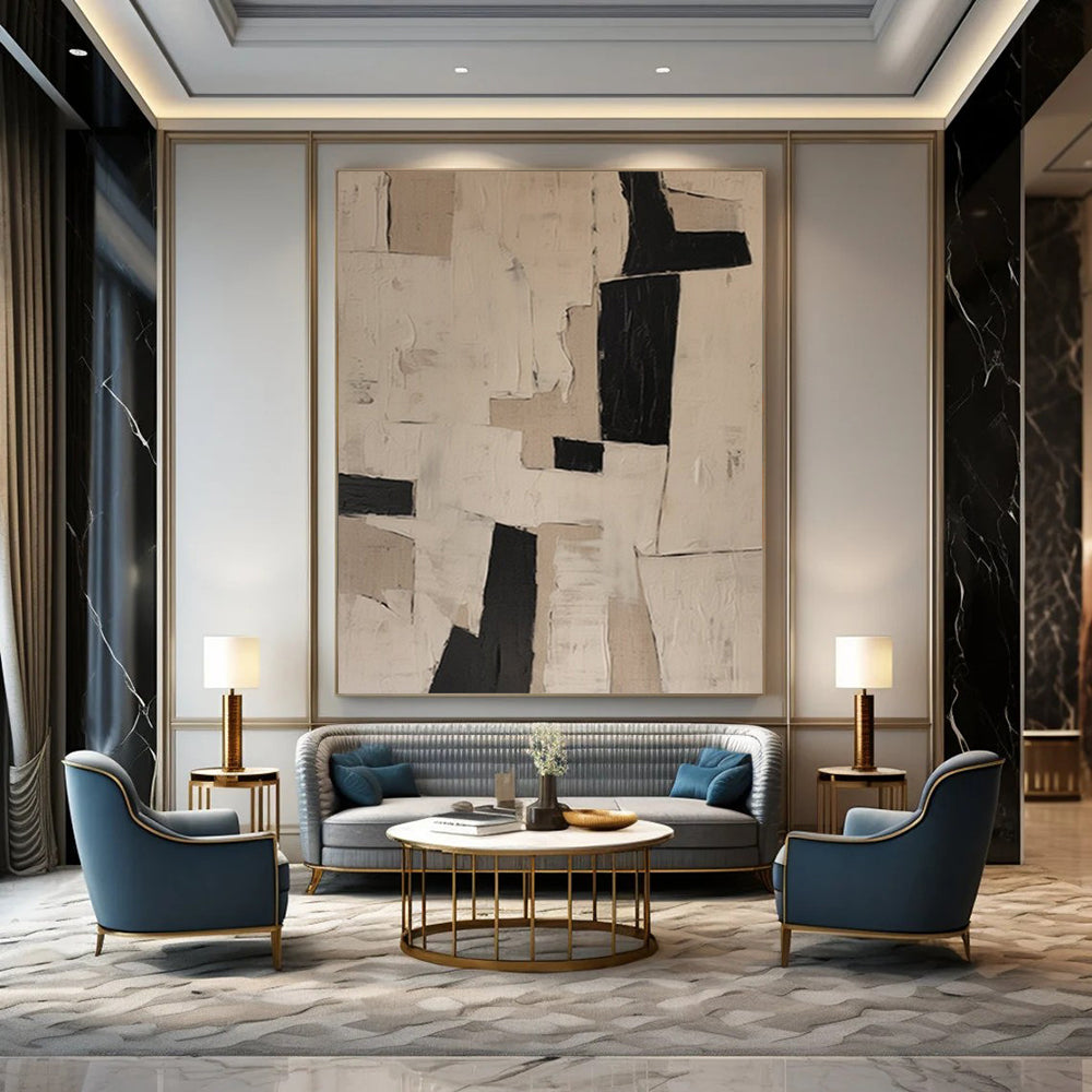 Beige and Black Collage, "Neutral Collage" – Mixed - Media Abstract On Canvas PS0952