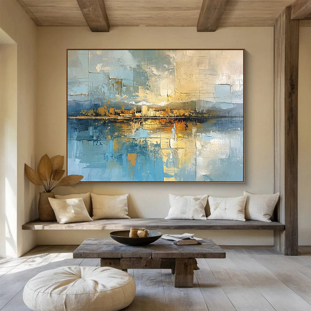 “Cityscape Reflection in Blues and Golds” - Cubist - Inspired Landscape Painting On Canvas PT050
