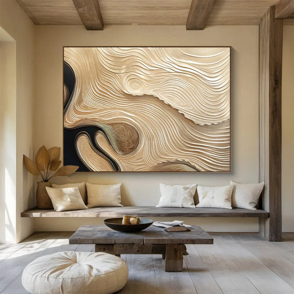 “Golden Wavy Textures on Black” - 3D - Like Abstract Painting On Canvas PT101