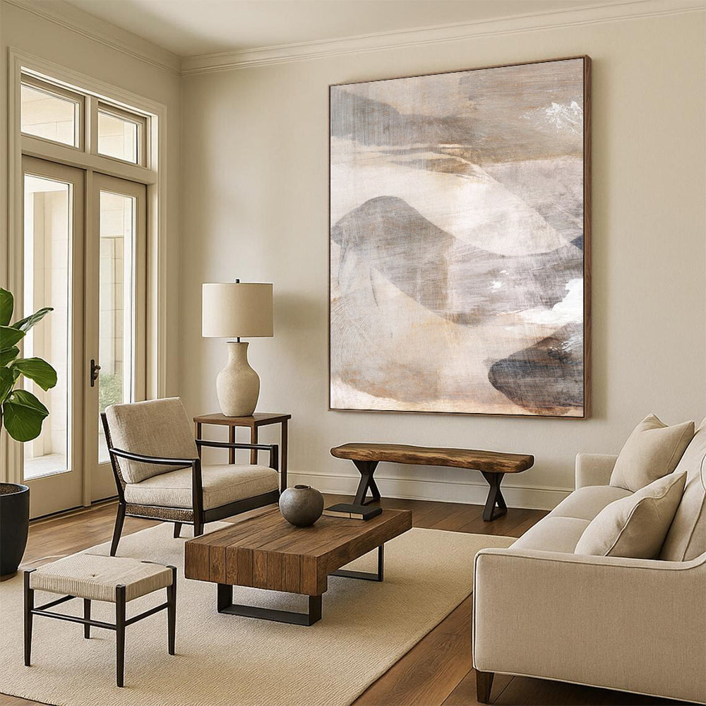 “Textured Mountain Abstraction” - Beige & Gray Layers with Subtle Shapes Painting On Canvas DS210