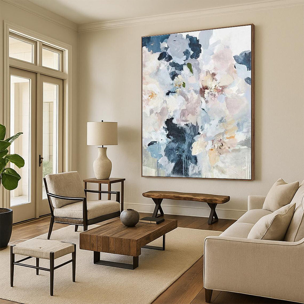 “Soft - Toned Floral Bouquet” - Blue, White, Pink Abstract Floral Painting On Canvas PS0585
