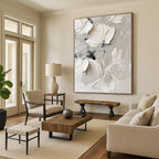 “White - Gray Textured Florals” - White, Gray Abstract Painting On Canvas PS0525