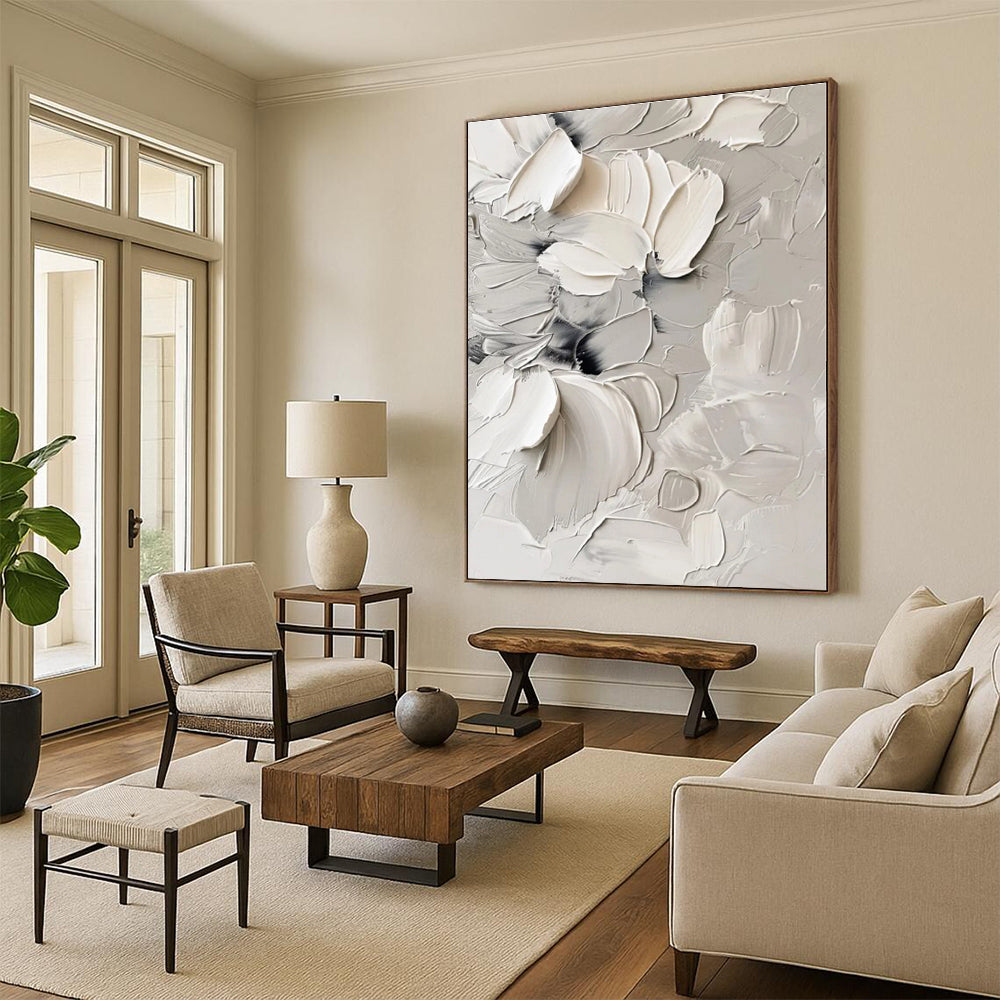 “White - Gray Textured Florals” - White, Gray Abstract Painting On Canvas PS0525