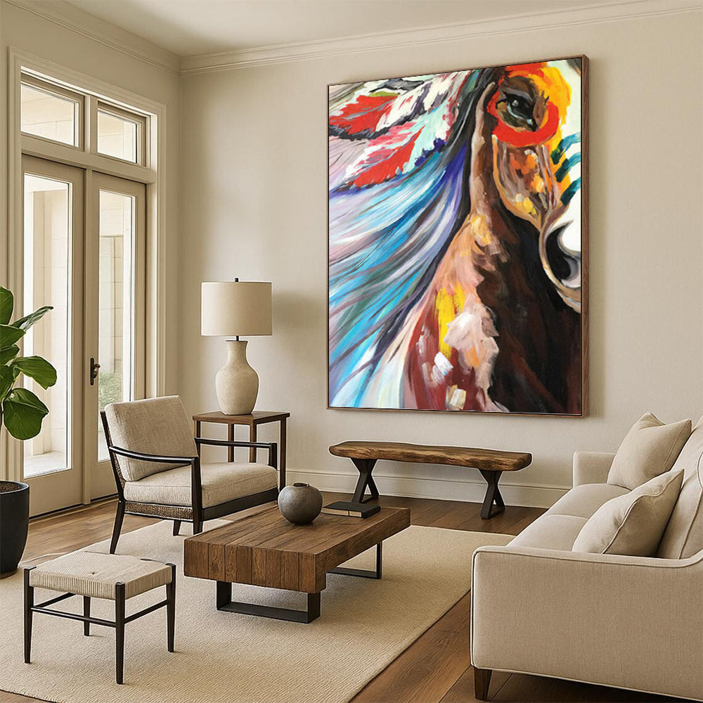 “Colorful Horse with Feather Headdress” - Expressionist - Inspired Animal Painting On Canvas PT1426