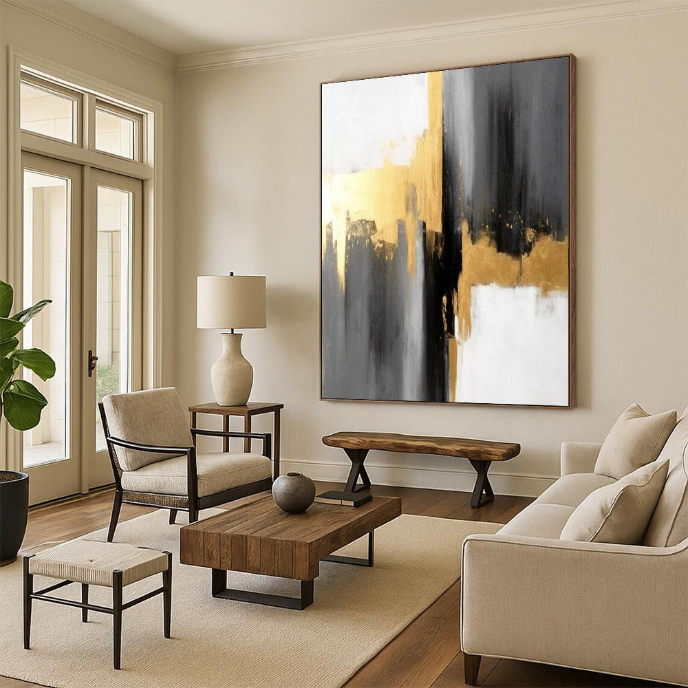 Gray - Gold Abstract Geometry Textured Painting On Canvas DS076