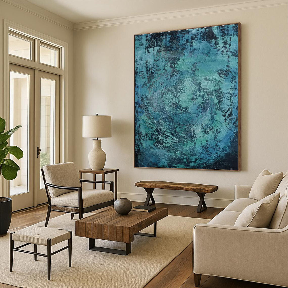 “Teal - Black Textured Abstraction” - Teal, Black Abstract Painting On Canvas PS0464
