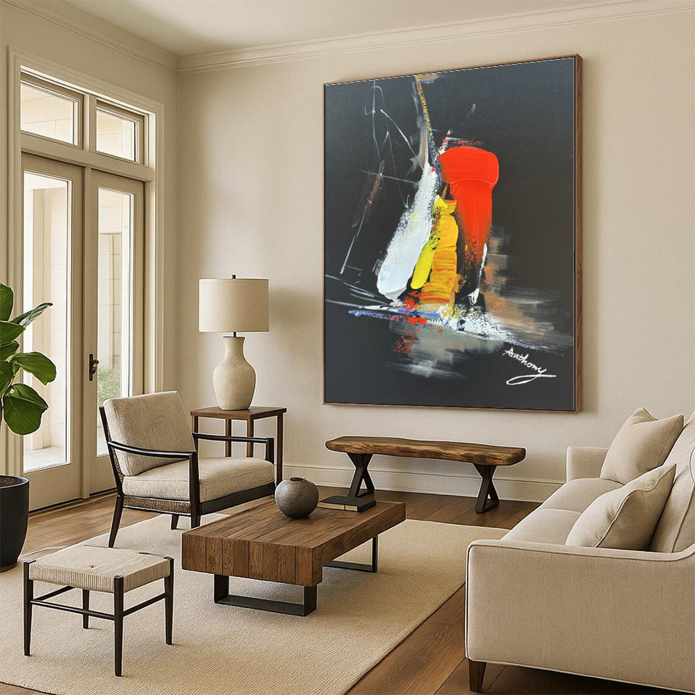 “Black - Red - Yellow Dynamic Burst” - Black, Red, Yellow, Blue Abstract Painting On Canvas PS0515