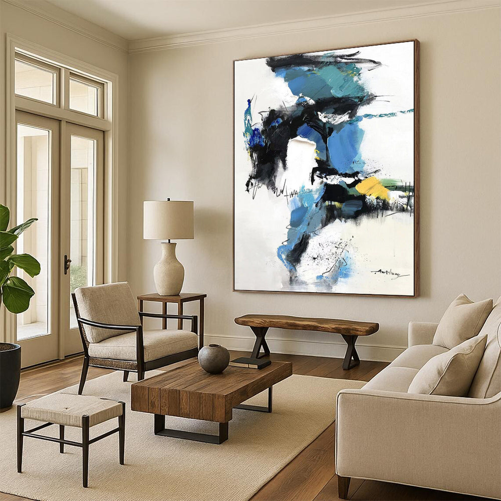 Blue - Black - White Abstract Splash, Echoing Willem de Kooning's Style, Painting On Canvas PT2085