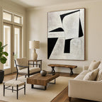 “Monochrome Geometric Shapes” - Beige, Black Abstract Minimalist Painting On Canvas PS0671