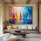 “Colorful Sailboats at Sea” - Impasto Oil Painting On Canvas DKS800