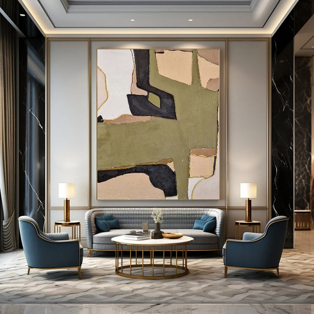 “Green - Beige - Black Geometric” - Earthy Abstract Painting On Canvas PS0140