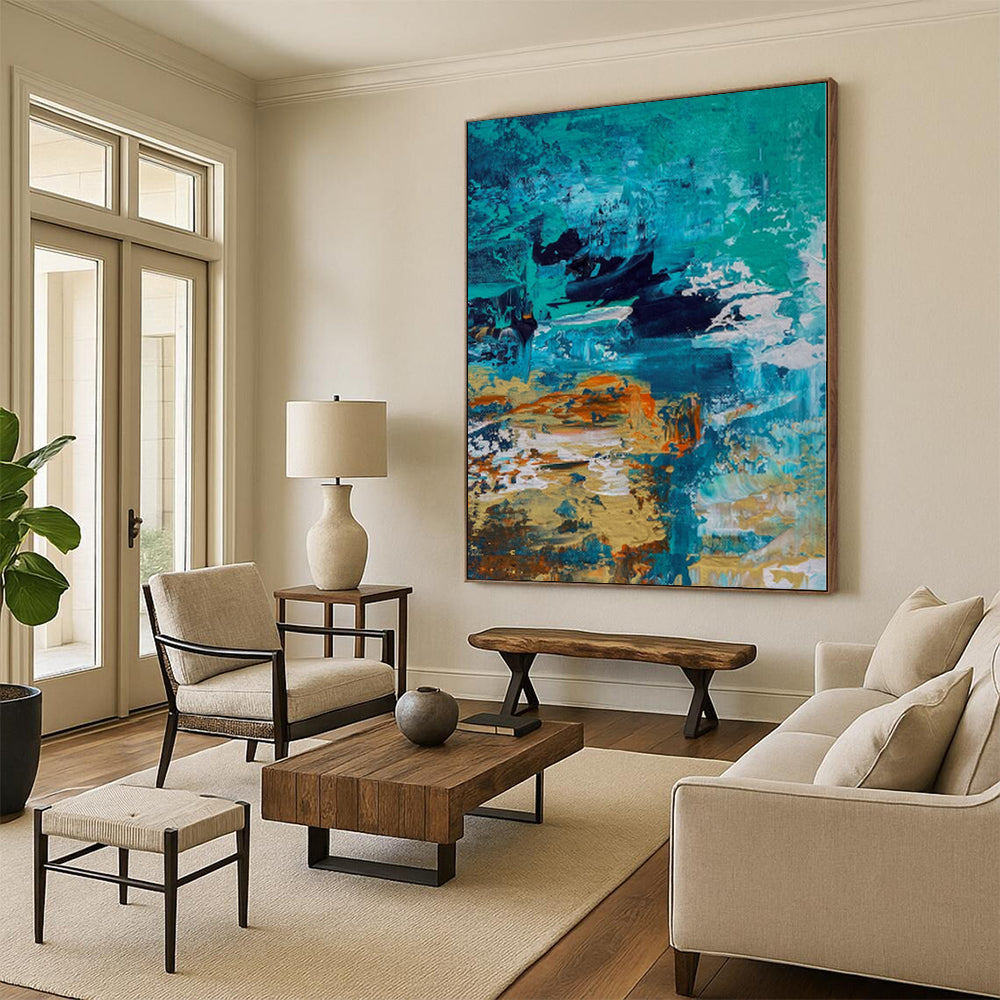 “Teal and Orange Coastal Abstract” - Seaside - Inspired Abstract Painting On Canvas PS0036