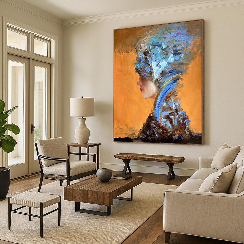 “Blue and Brown Abstract Headpiece on Orange” - Expressive Portrait - Inspired Painting On Canvas DS348
