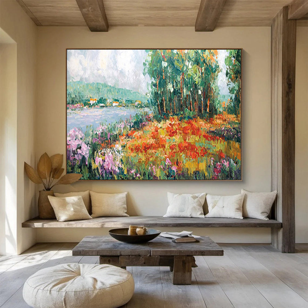 “Vibrant Lakeside Garden” - Impressionistic Landscape Painting On Canvas PT228